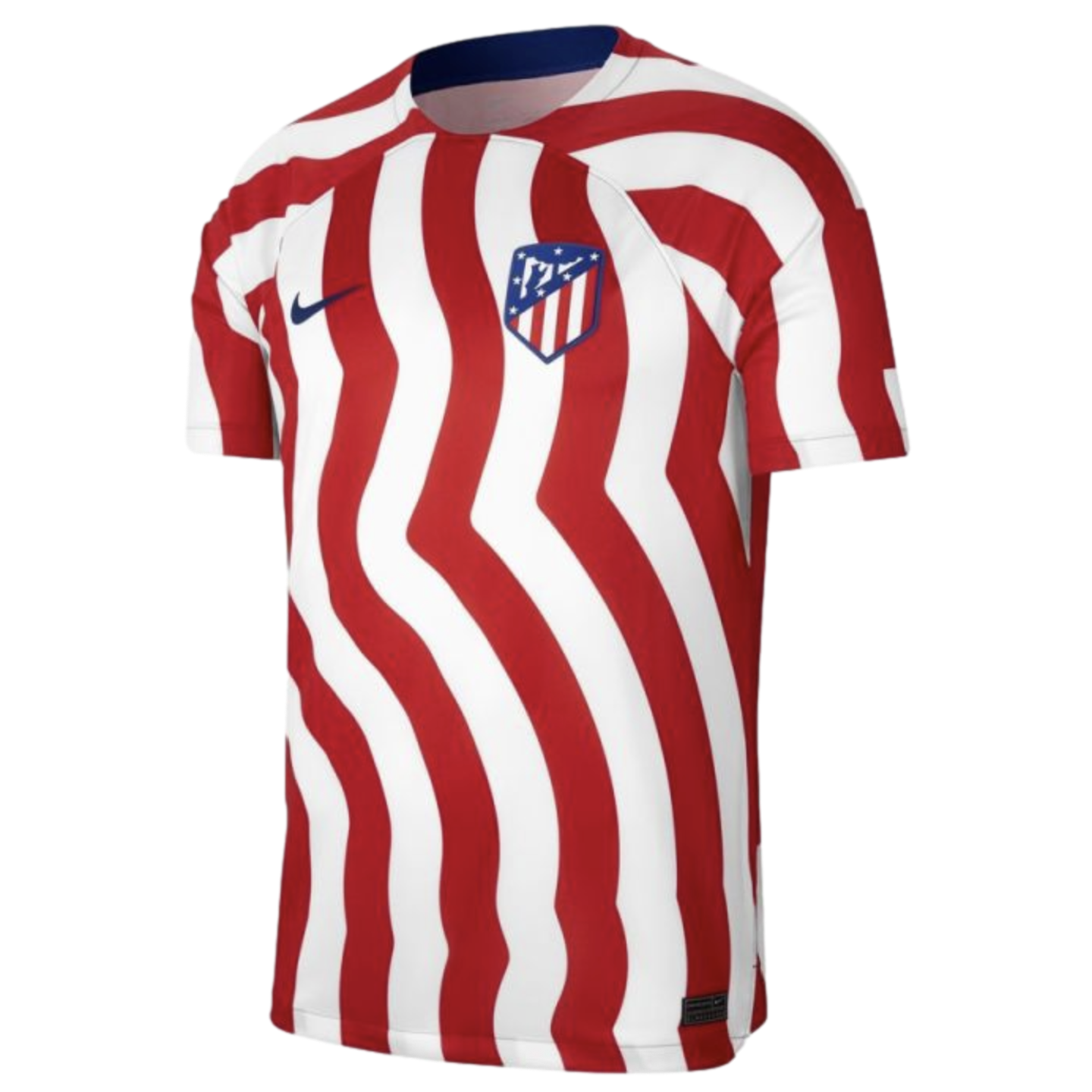An Atlético Madrid home jersey featuring red and white wavy vertical stripes, a navy Nike swoosh, and the club crest.