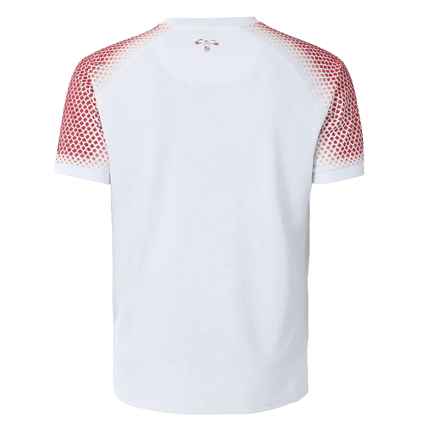 Back view of a white short-sleeved jersey featuring a red diamond-grid pattern on the shoulders and sleeves, and a small red eagle logo on the back neck.