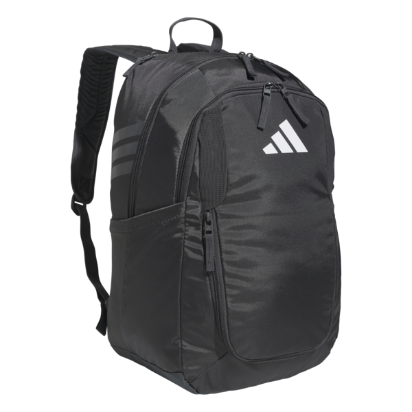 A black Adidas backpack with a white logo, featuring multiple zippered compartments and adjustable shoulder straps.