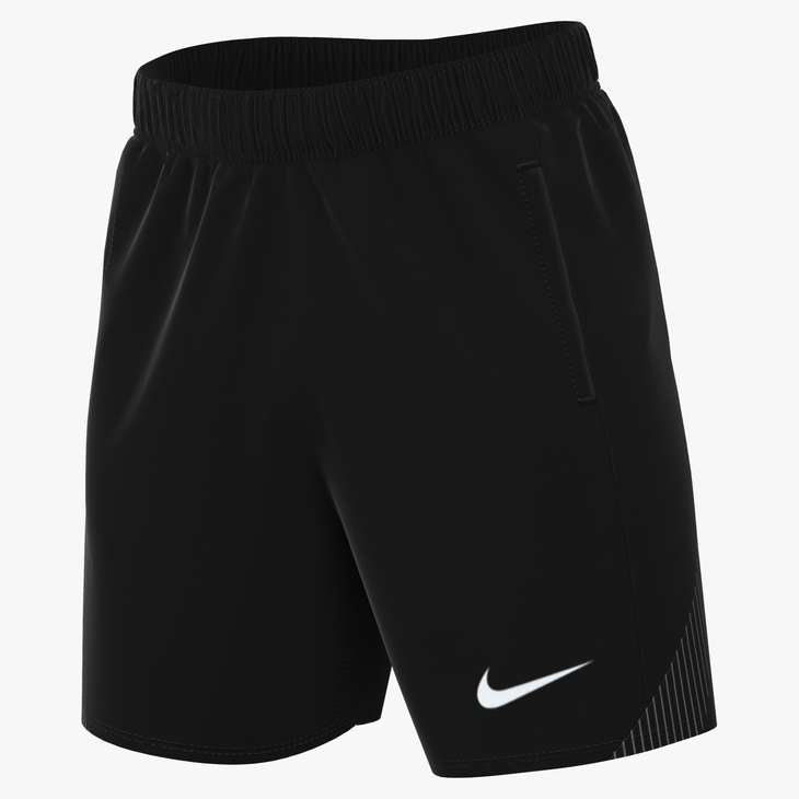 Black Nike athletic shorts with an elastic waistband, a white swoosh on the leg, and a subtle vertical line pattern on the side.