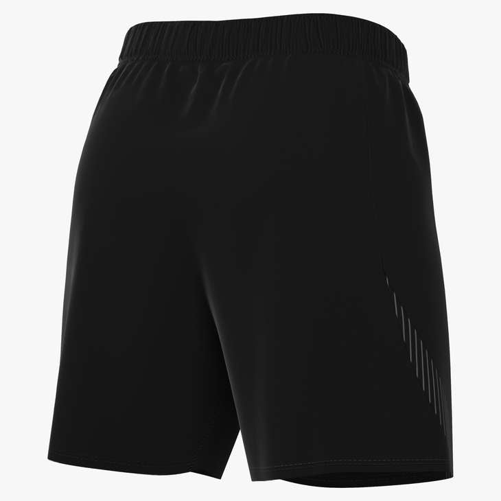 Back view of black athletic shorts featuring an elastic waistband and reflective diagonal stripes on the lower right side.