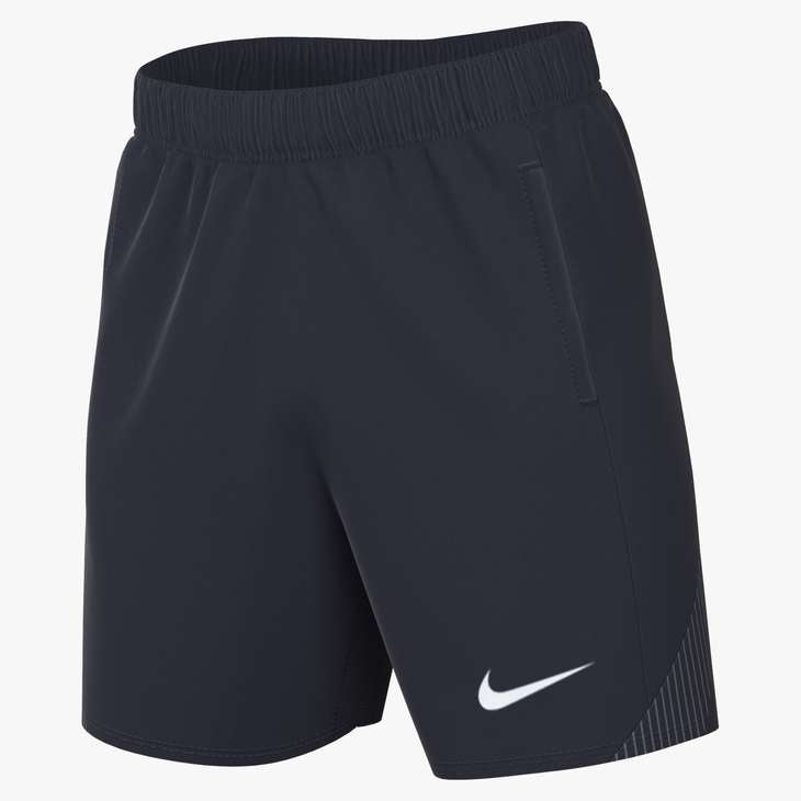 Black Nike athletic shorts featuring a white swoosh logo, elastic waistband, and side zipper pocket, with a striped pattern detail at the bottom hem.