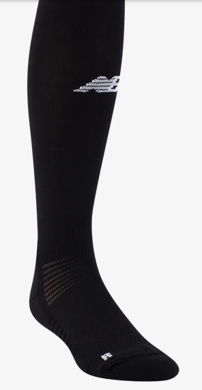 Black New Balance knee-high athletic sock with a white logo on the calf and grey textured details around the ankle and foot.