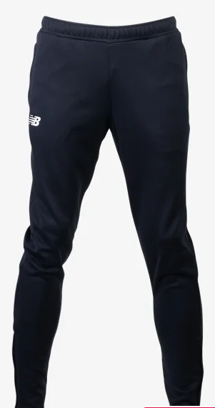 Dark blue New Balance athletic track pants with a white logo on the right thigh and an elastic waistband, shown on a white background.