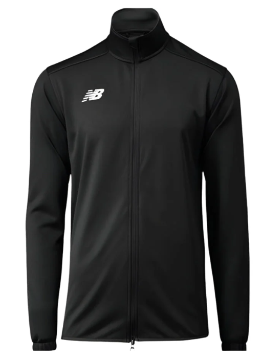 A black New Balance full-zip track jacket with long sleeves, a high collar, and a white logo on the left chest.