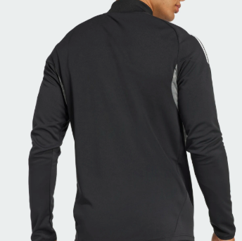Back view of a person in a black long-sleeved athletic jacket with white stripes on the upper sleeves, grey side panels, and a high collar.