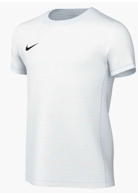 White Nike short-sleeved athletic t-shirt with faint horizontal stripes and a black swoosh logo on the chest.