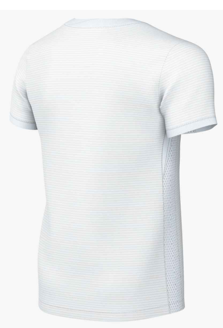 Rear view of a white short-sleeved athletic t-shirt featuring subtle horizontal stripes and breathable mesh side panels.