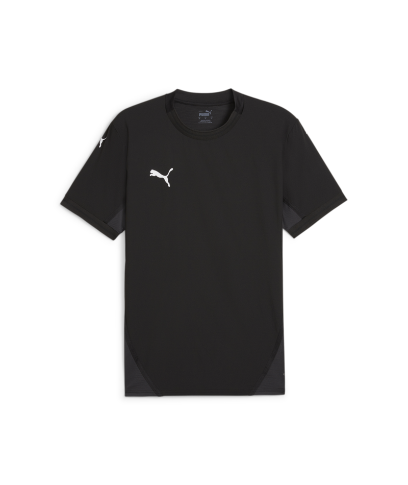 Black Puma short-sleeve athletic t-shirt with white logos on the chest and sleeve, and dark gray side panels.