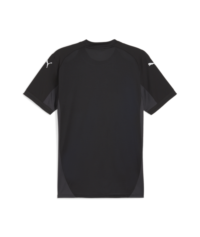 Back view of a black Puma short-sleeved athletic shirt with white shoulder logos and mesh fabric panels, shown on a solid black background.