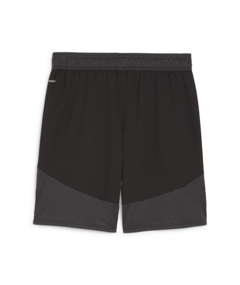 A pair of black athletic shorts with grey mesh panels on the lower sides and an elastic waistband, shown against a white background.