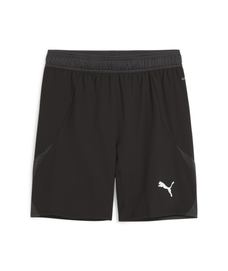 Black Puma athletic shorts with a white leaping cat logo on the left leg and gray side inserts.
