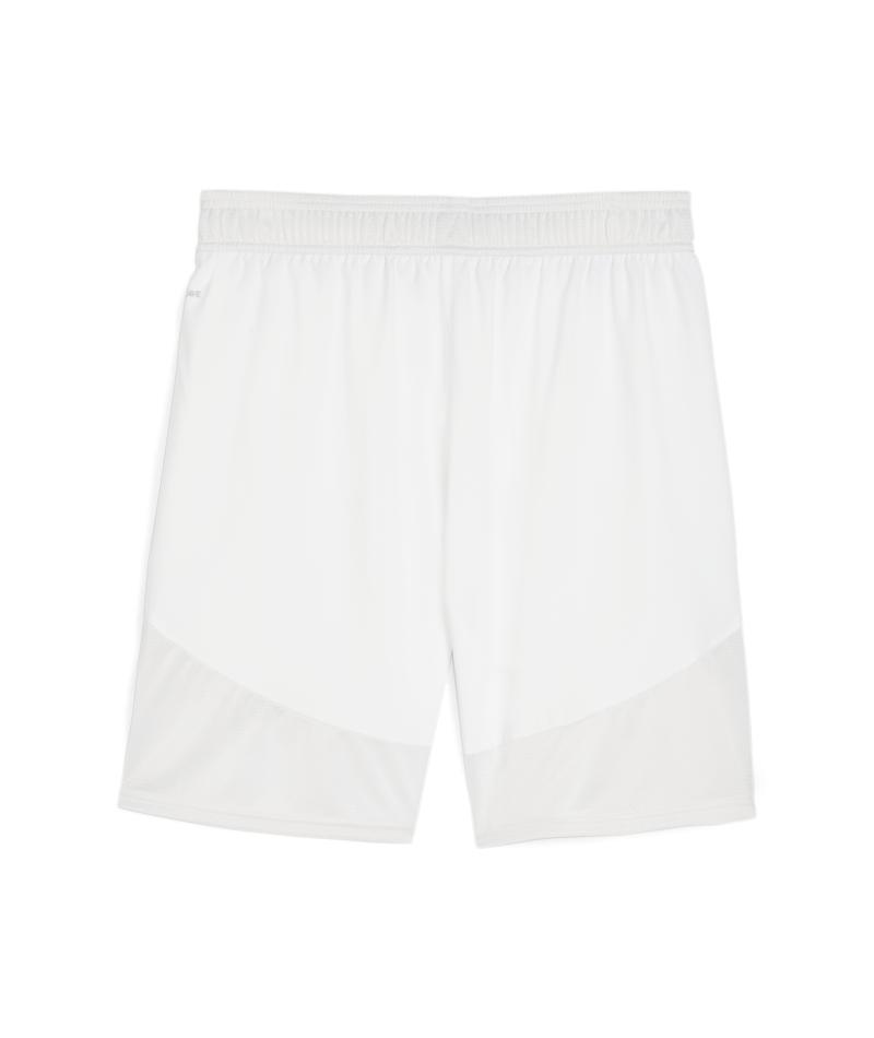 A pair of white athletic shorts featuring an elastic waistband and breathable mesh panels at the bottom hem of each leg. Small grey text is visible on the upper left hip.