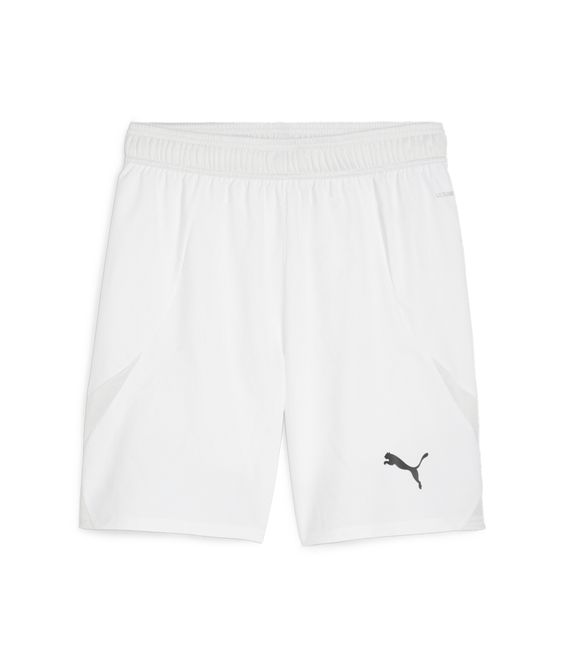 White Puma athletic shorts with a black logo on the right leg, mesh side panels, and an elastic waistband.
