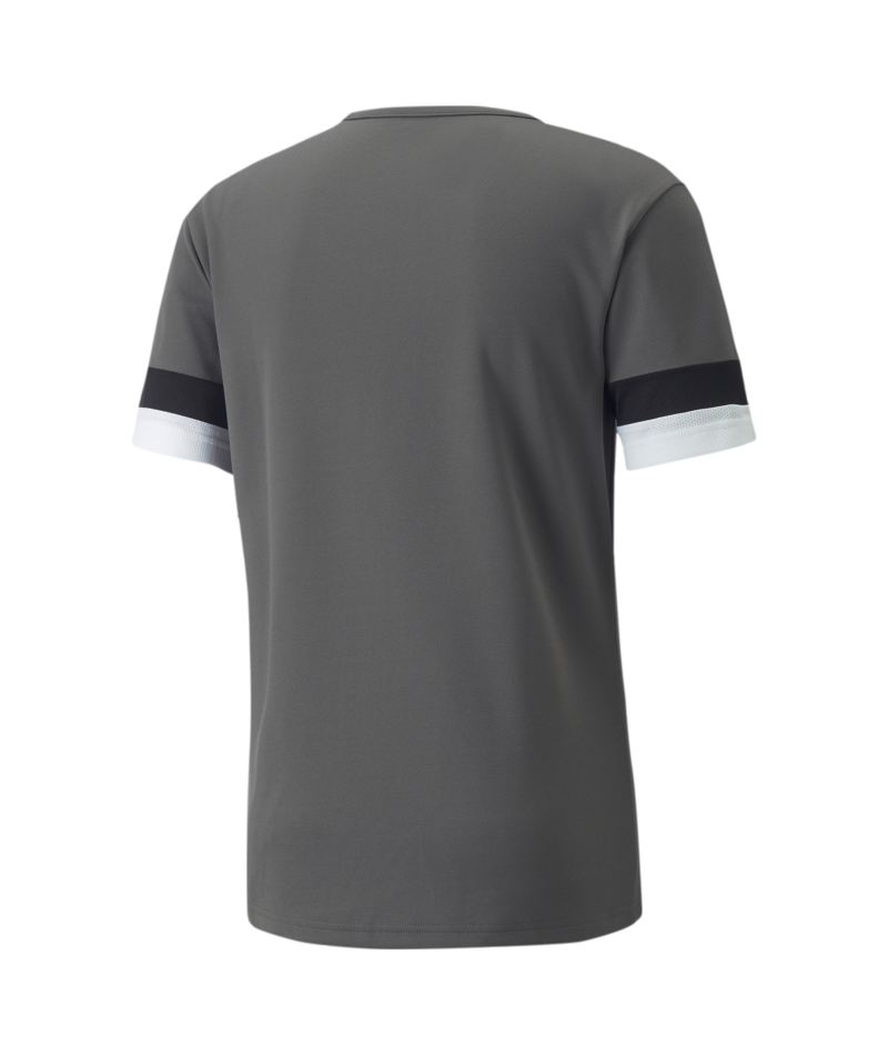 The back view of a gray short-sleeved athletic t-shirt with black and white horizontal bands on the sleeve cuffs, set against a plain white background.