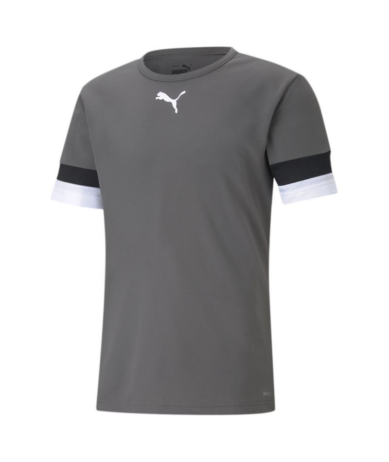 Grey Puma short-sleeved training tee featuring a white chest logo and black and white striped cuffs.