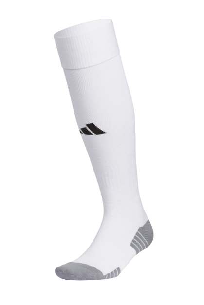 A white Adidas knee-high athletic sock with a black logo on the shin and grey reinforced toe and heel sections.