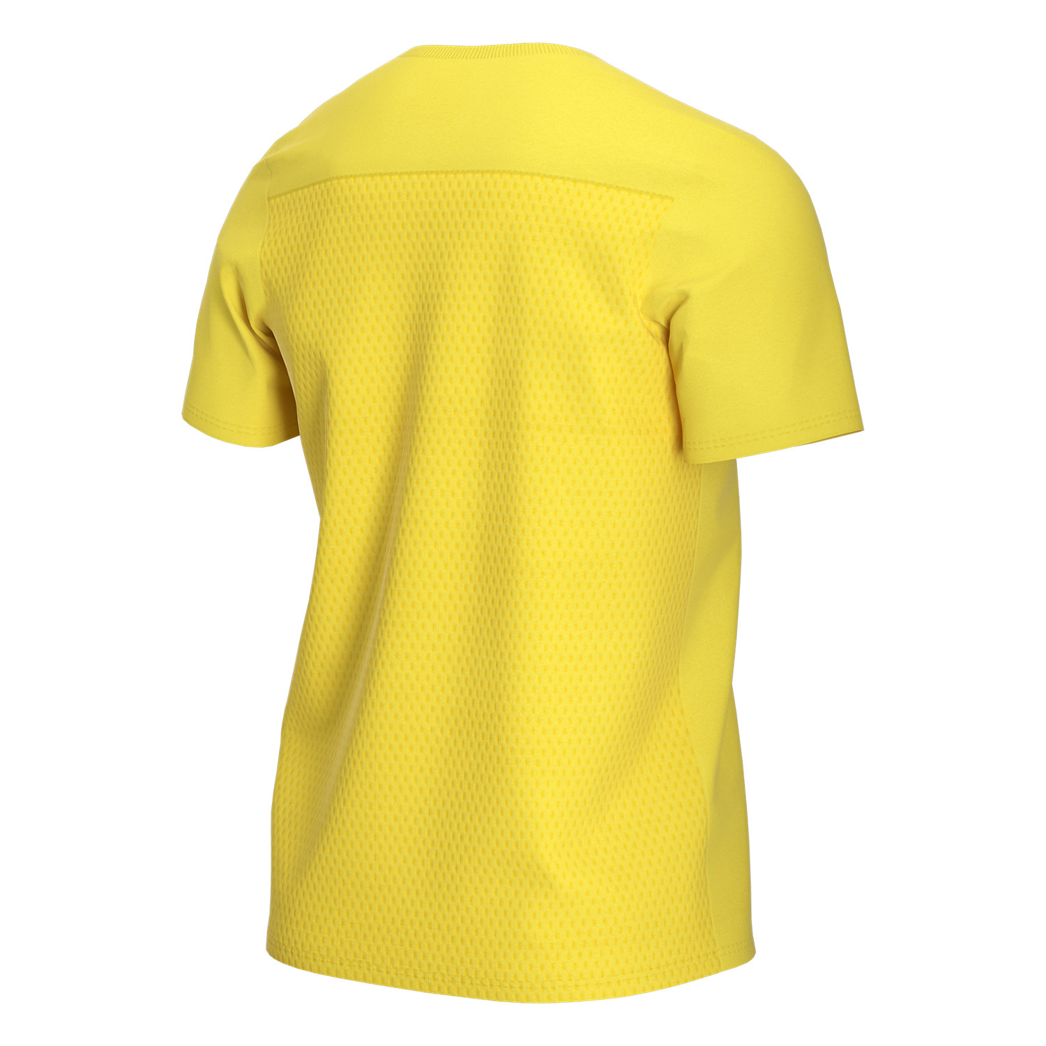 Back view of a bright yellow short-sleeved t-shirt with a mesh-textured back panel.