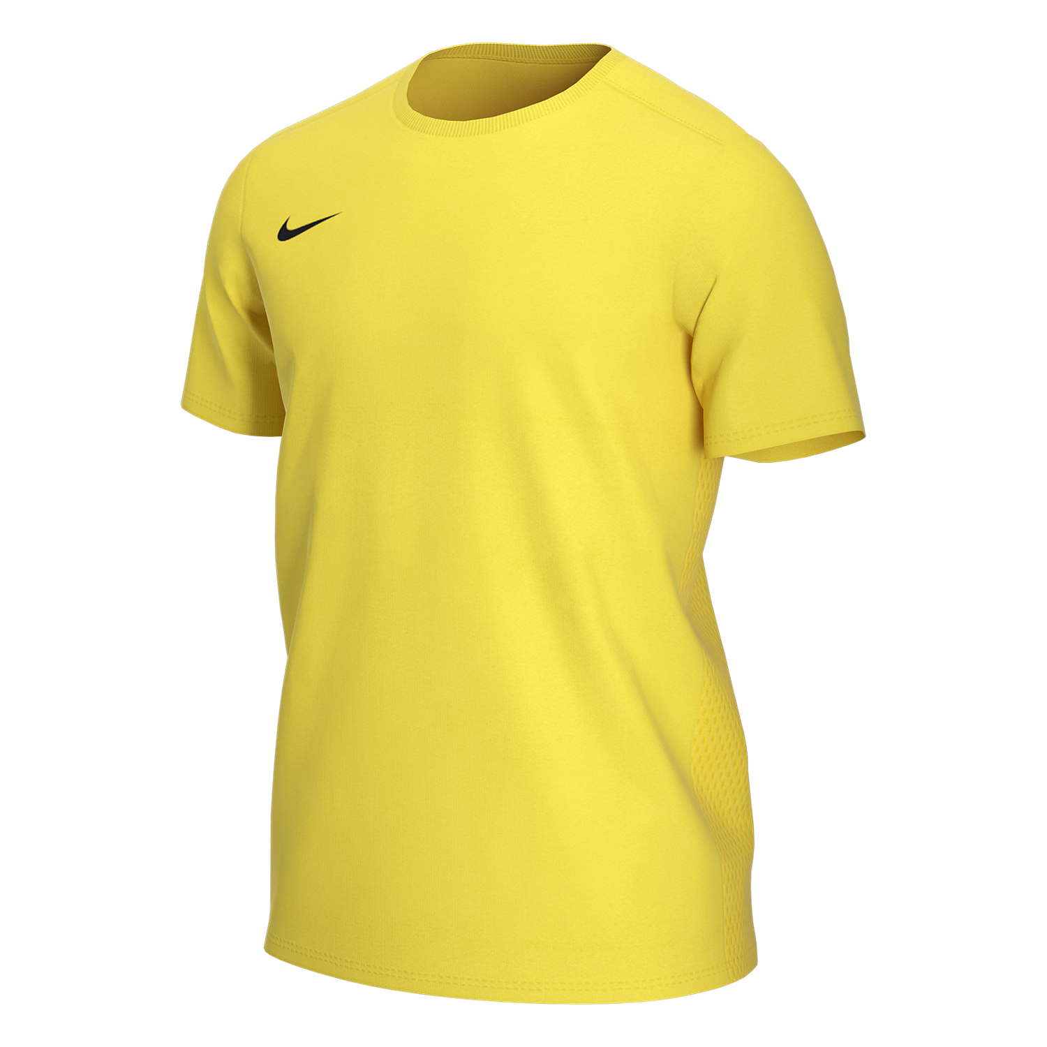 A bright yellow Nike athletic t-shirt with a black swoosh logo on the chest. It features a crew neck and short sleeves.