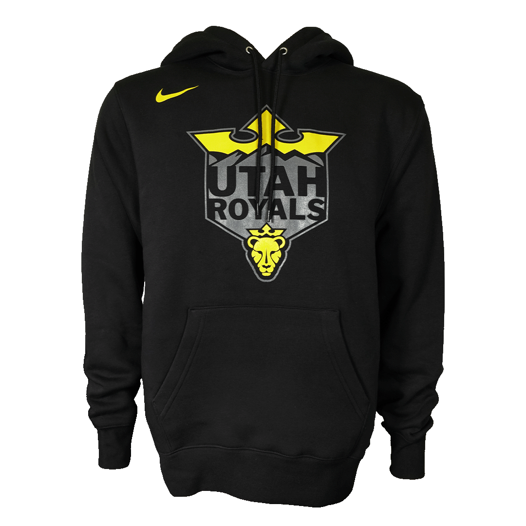 A black Nike brand hoodie featuring a yellow Nike swoosh on the right chest and a large central shield logo for the Utah Royals. The logo includes a gray mountain silhouette, a yellow crown graphic at the top, the words "UTAH ROYALS" in black, and a small