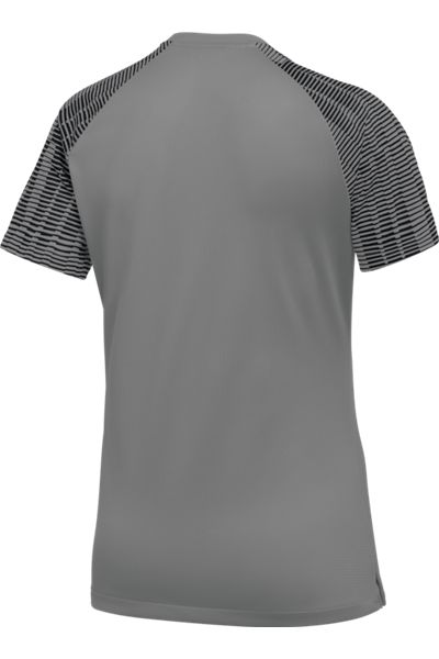 Back view of a grey short-sleeved athletic jersey featuring black horizontal stripes on raglan sleeves.