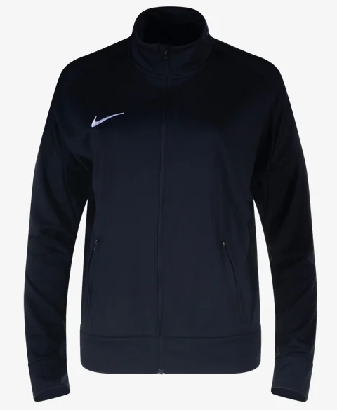 A front view of a black Nike zip-up track jacket featuring a high collar, two side pockets, and a white Nike swoosh logo on the right chest.