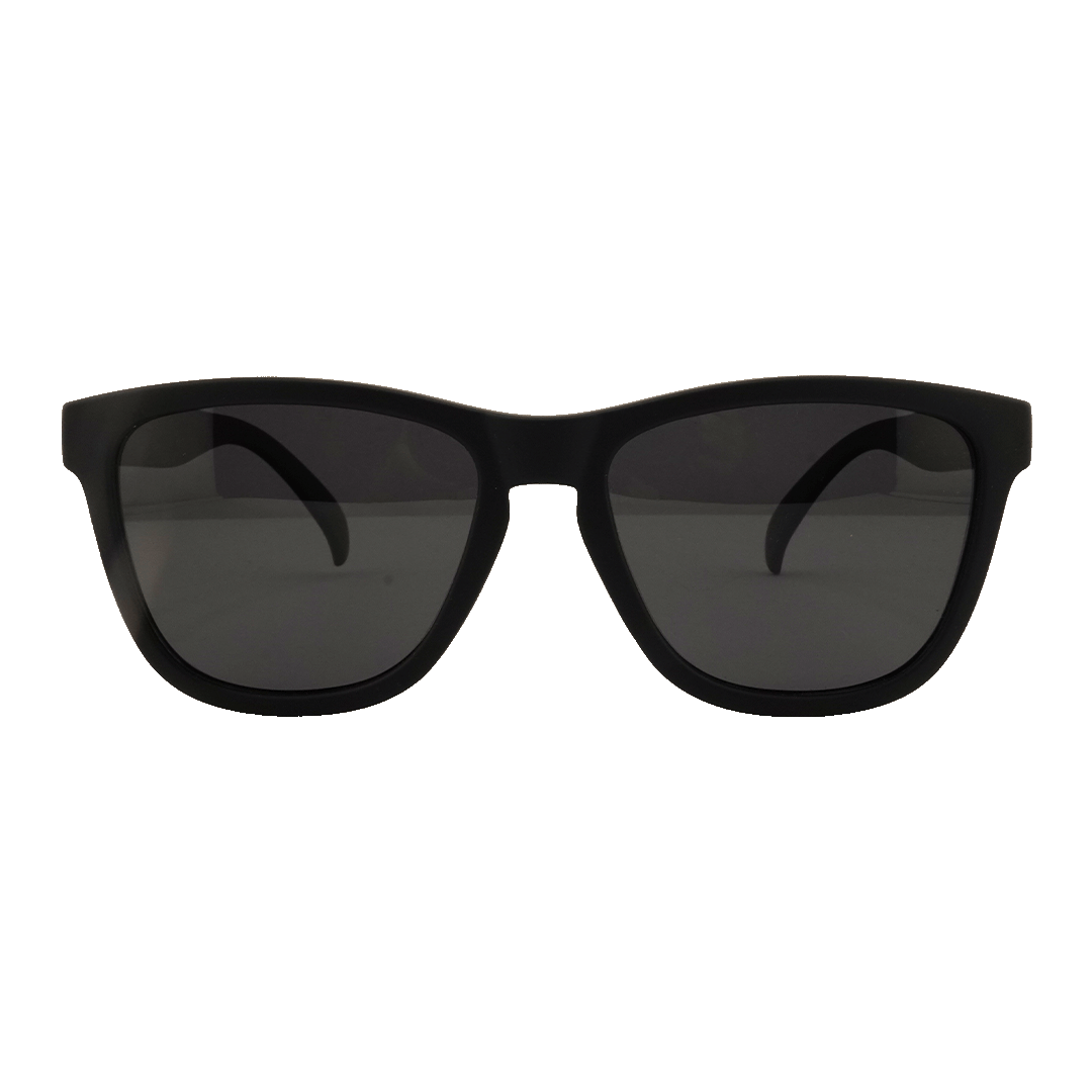 Front-facing view of a pair of classic black wayfarer-style sunglasses with dark lenses, shown against a white background.
