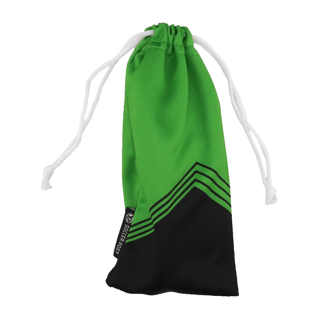 Lime green and black drawstring bag with a chevron stripe design, white drawstrings, and a small black "SOCCER POST" label on the side.