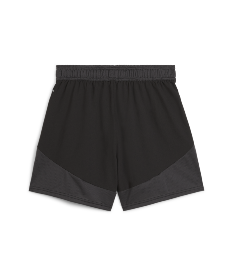 Black athletic shorts with grey mesh panels at the lower hem and an elastic waistband.