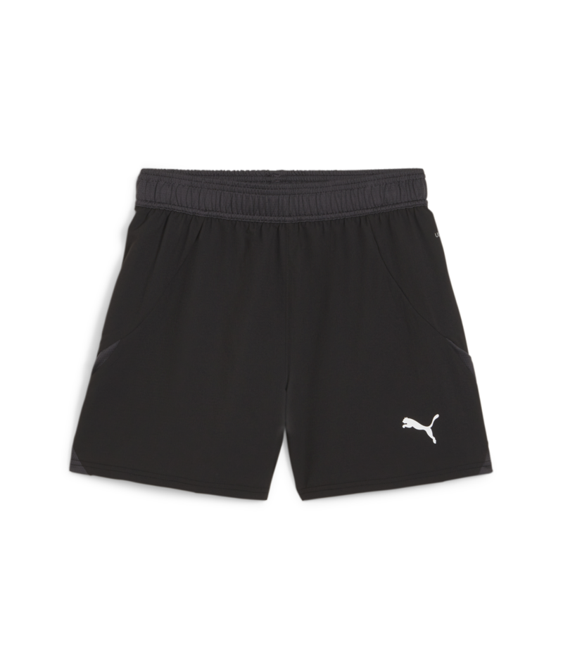 A pair of black Puma athletic shorts featuring a dark grey elastic waistband and a white Puma logo on the bottom left leg.