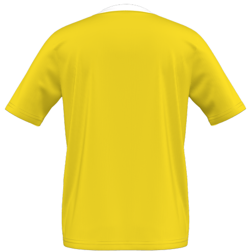Back view of a bright yellow short-sleeved t-shirt with a white collar band.