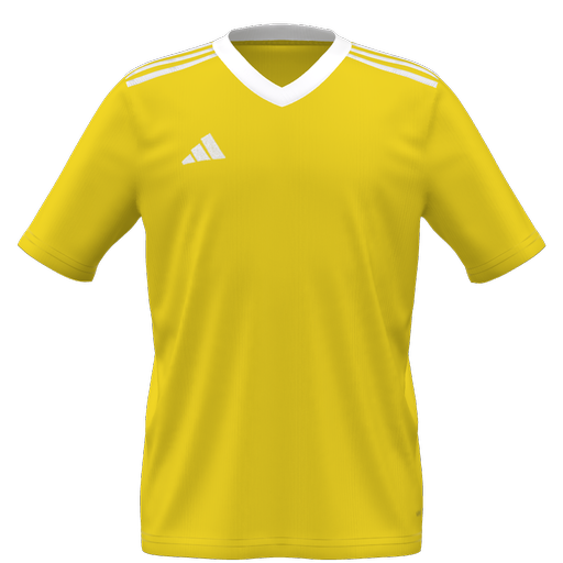 Bright yellow short-sleeved Adidas soccer jersey featuring a white V-neck collar, white shoulder stripes, and a white Adidas logo on the chest.