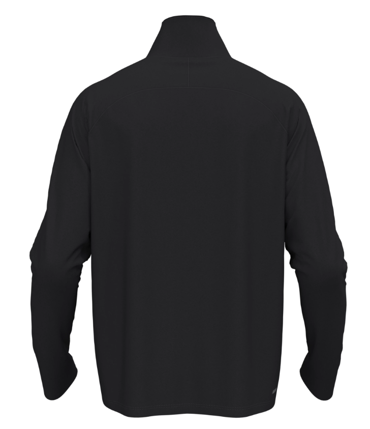 Back view of a black, long-sleeved athletic mock-neck pullover isolated on a white background.