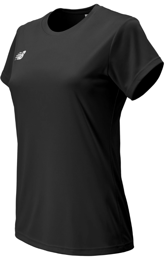 A women's black short-sleeve athletic t-shirt by New Balance featuring a crew neck and a small white logo on the upper left chest.