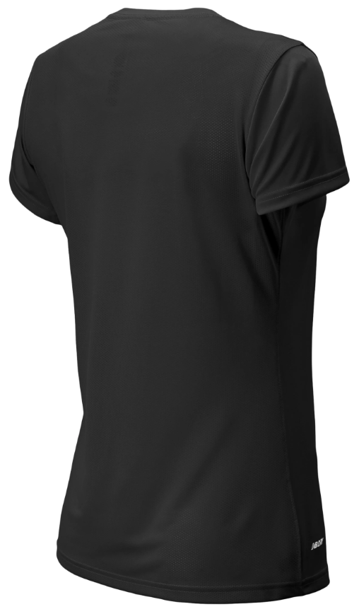 The rear view of a black short-sleeved athletic t-shirt featuring a mesh-textured fabric and a small white brand logo on the lower right hem.