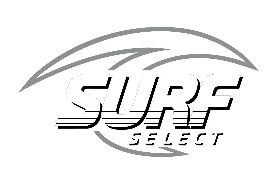 Logo for "SURF SELECT" with large white italicized text and gray wave-inspired graphic elements on a white background.