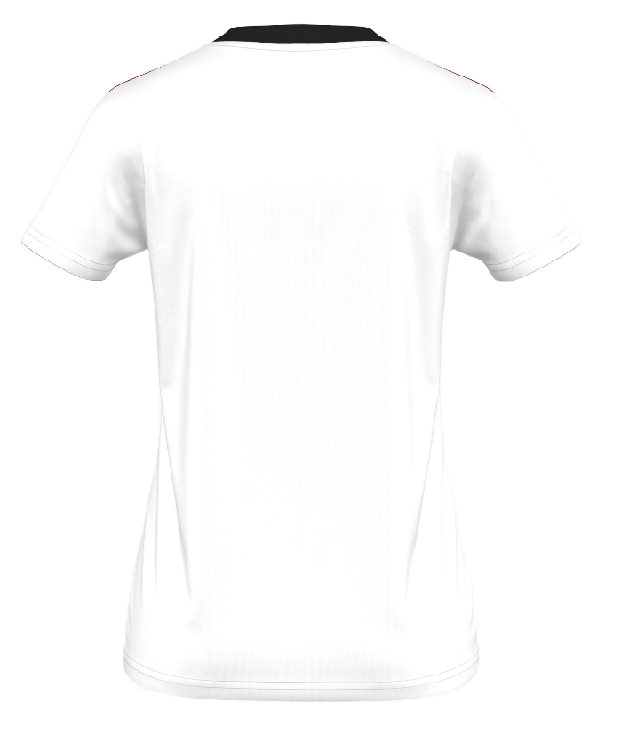 Back view of a white short-sleeved t-shirt mockup with a black crew-neck collar and thin red accents along the shoulders.