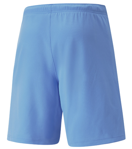 Back view of light blue athletic shorts with an elastic waistband and center seam.