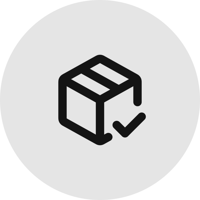 Icon of a delivery box with a checkmark inside a gray circle, representing completed shipment or fulfillment.