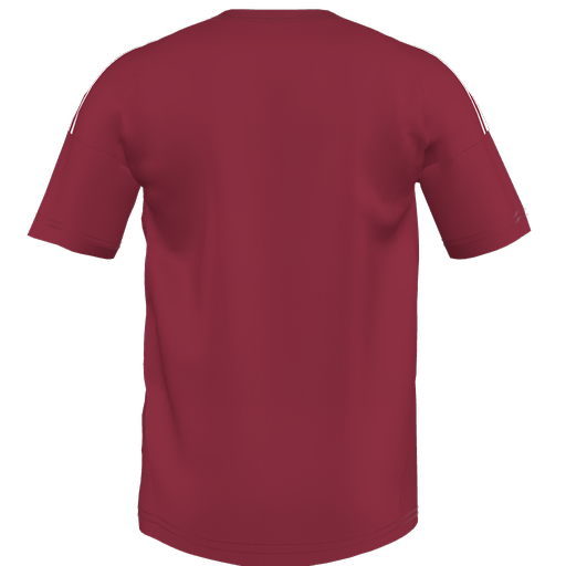 Back view of a maroon short-sleeve t-shirt with thin white stripes along the shoulders.