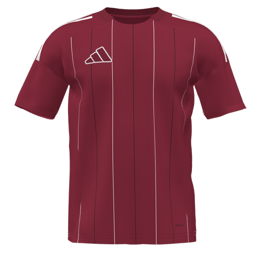 Maroon Adidas sports jersey with vertical white and black pinstripes, featuring a white logo on the chest and white shoulder accents.