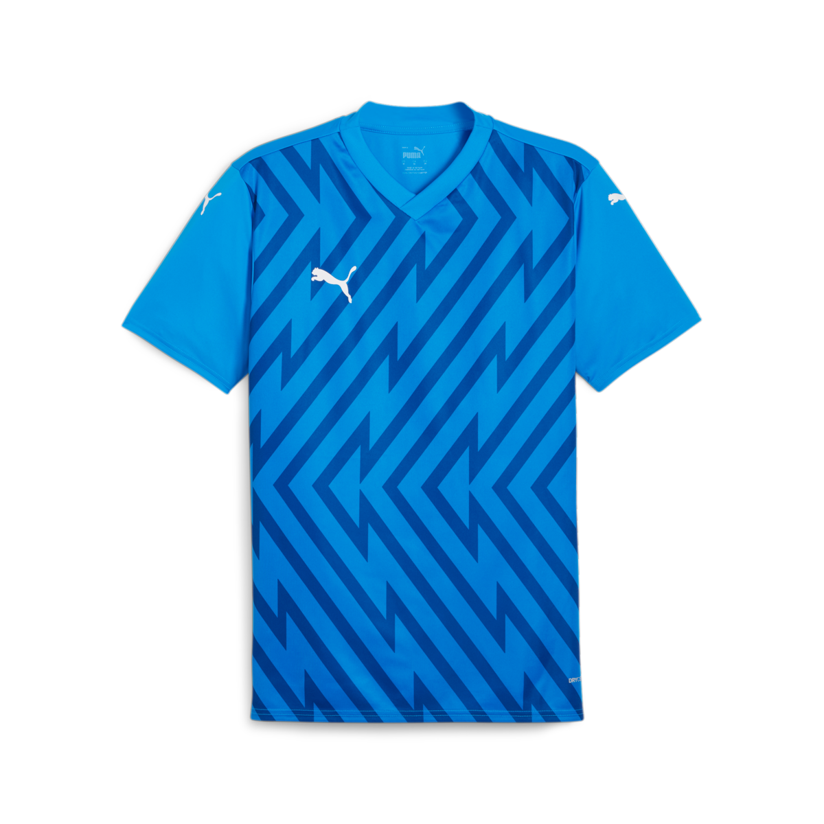A light blue Puma soccer jersey with a dark blue zigzag geometric print and white brand logos on the chest and sleeves.