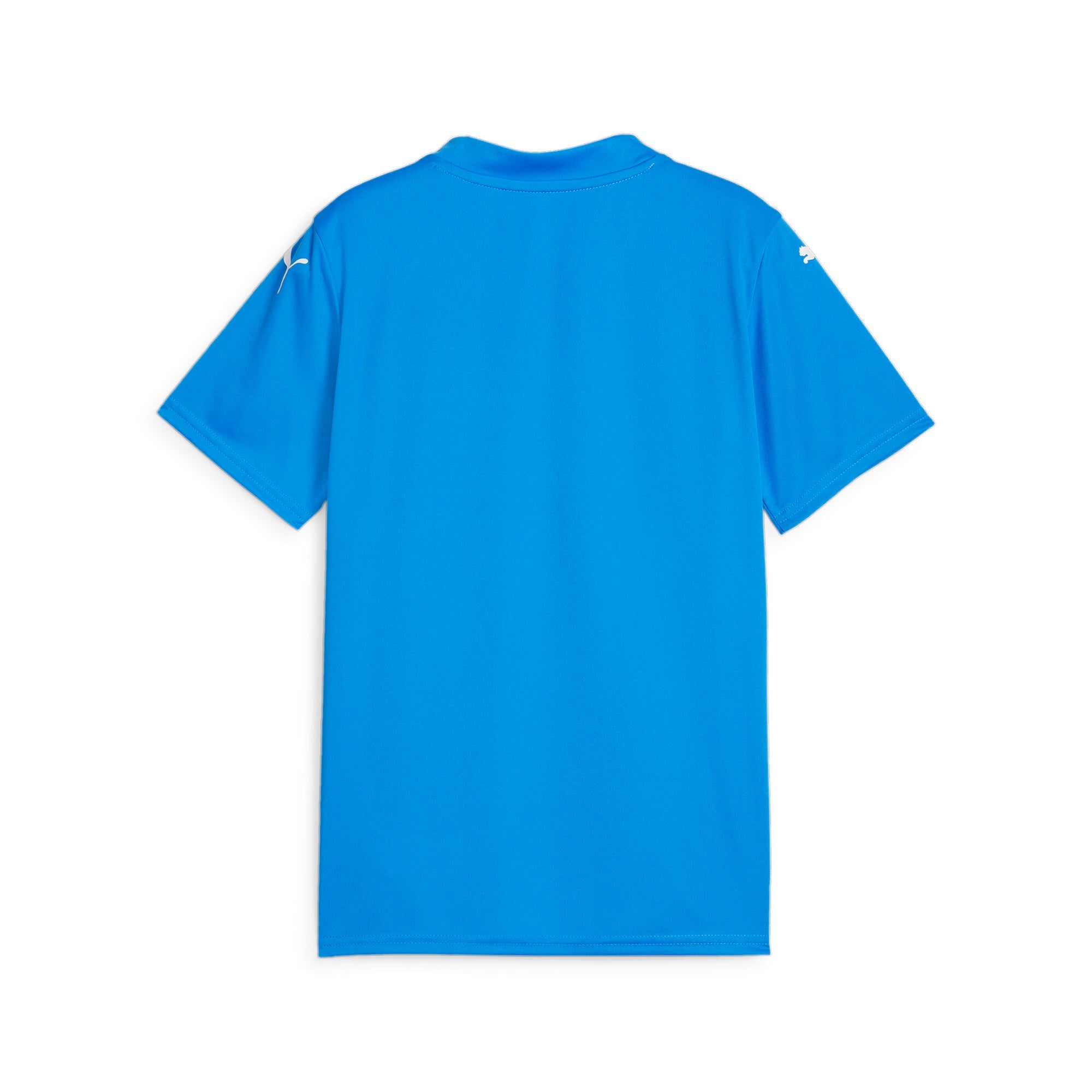 The back view of a bright blue short-sleeved t-shirt featuring white Puma logos on both shoulders, displayed on a plain white background.