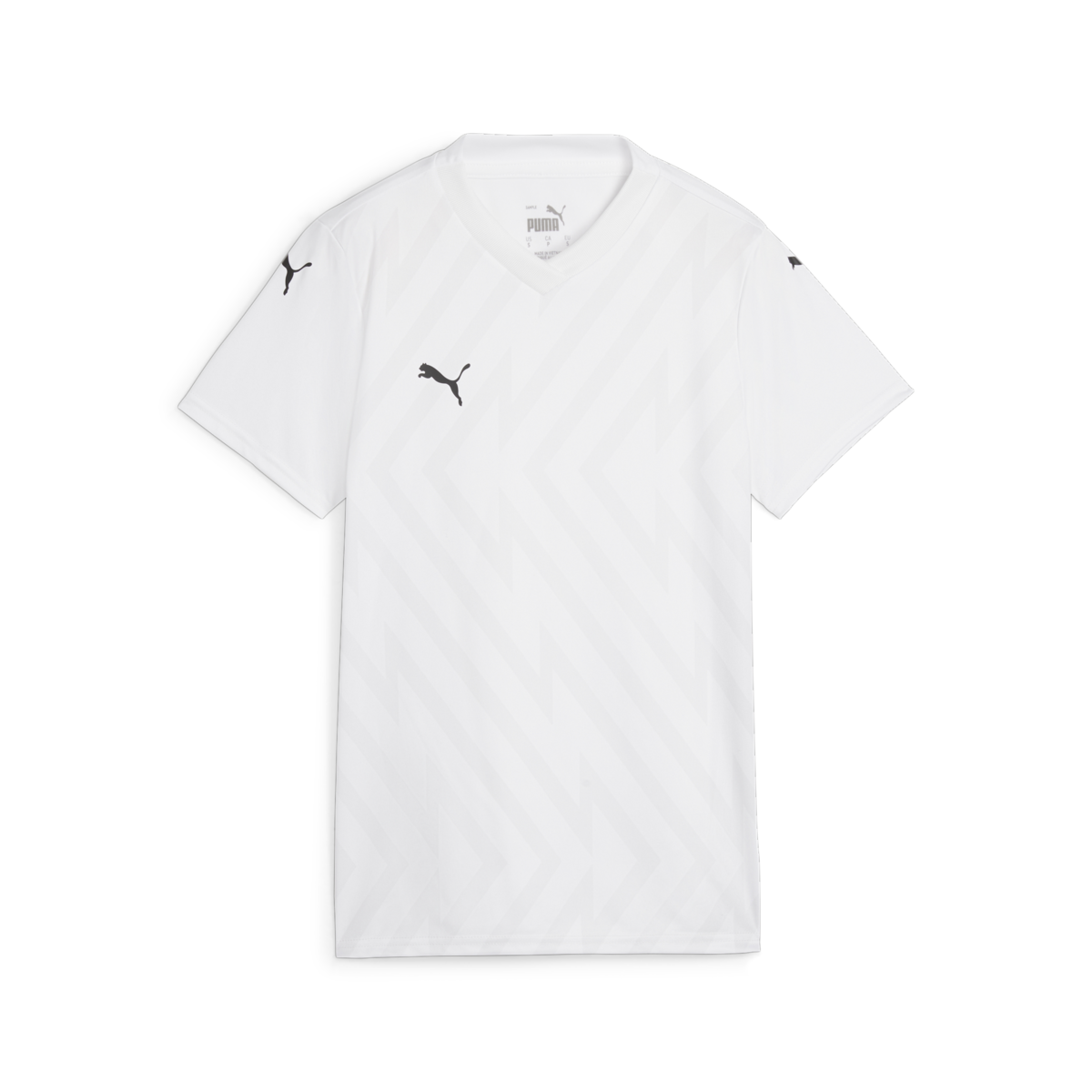 A white short-sleeved Puma soccer jersey with a V-neck, featuring a subtle tonal zigzag pattern and black Puma logos on the chest and sleeves.