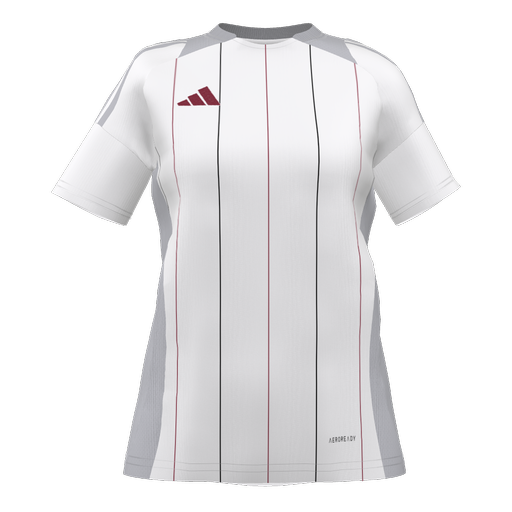 White Adidas short-sleeve jersey with thin vertical red and black pinstripes, grey shoulder and side panels, and a maroon logo on the chest.