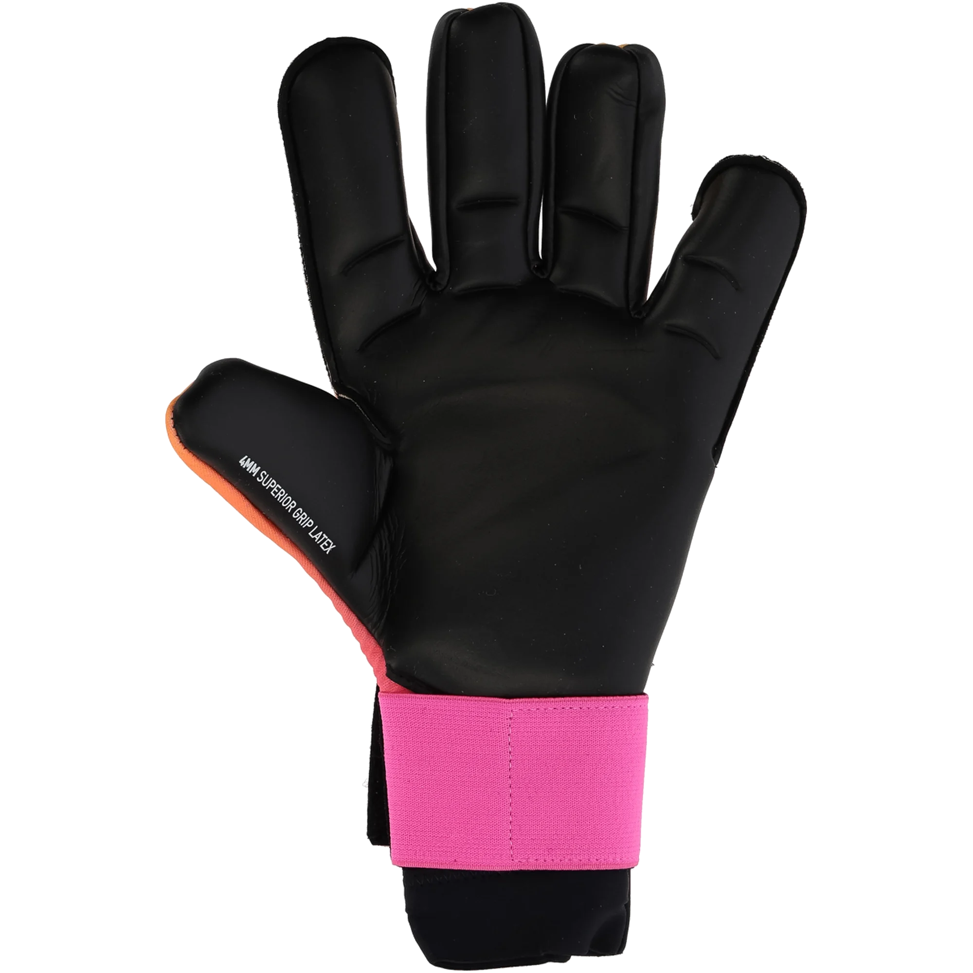 A black goalkeeper glove with a pink wrist strap and orange accents. The thumb features the text "4MM SUPERIOR GRIP LATEX".