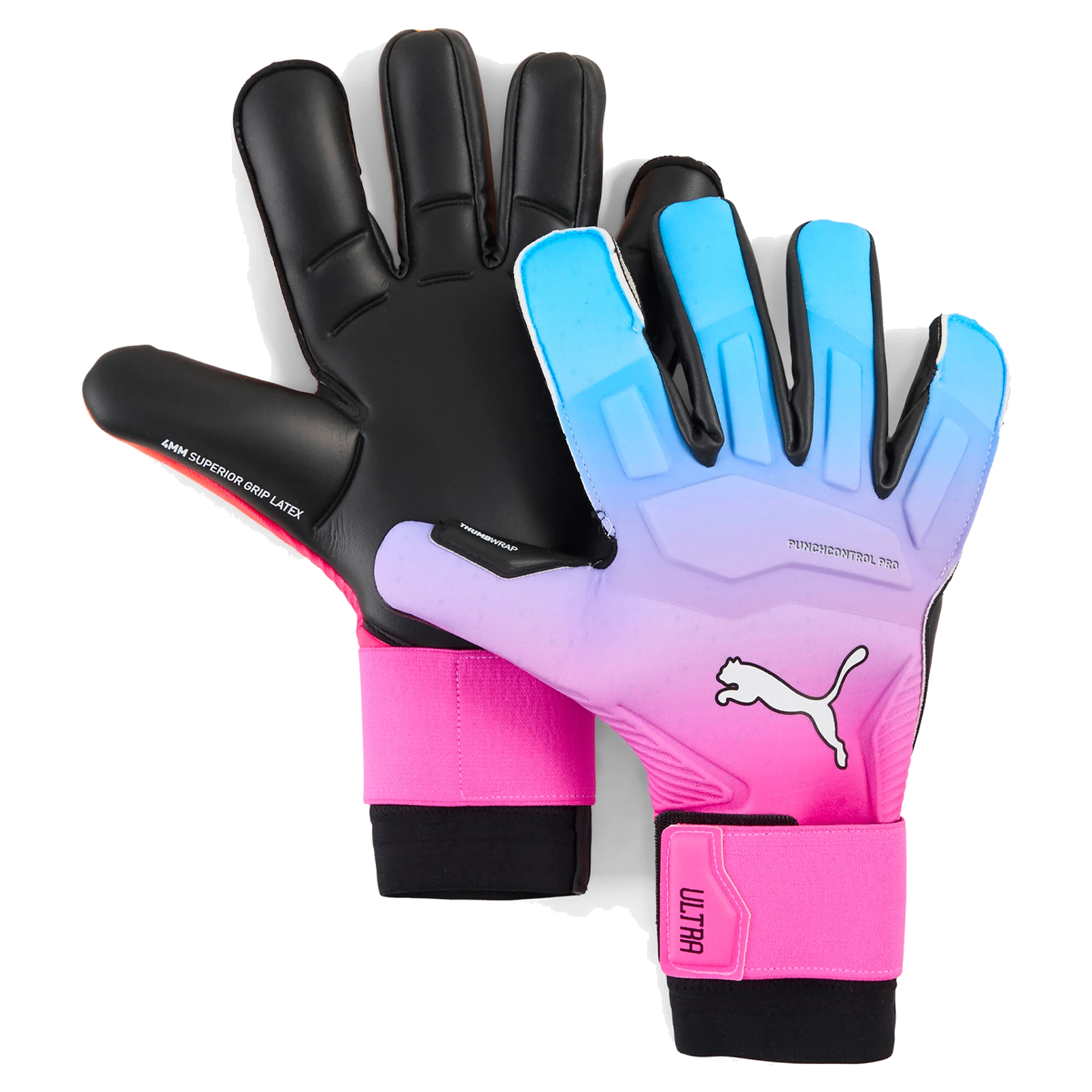 A pair of Puma goalkeeper gloves featuring black palms and a blue-to-pink gradient backhand with a white Puma logo and pink wrist wraps.