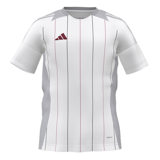 White short-sleeved Adidas jersey featuring thin black and maroon vertical pinstripes, grey side panels, and a maroon logo on the chest.